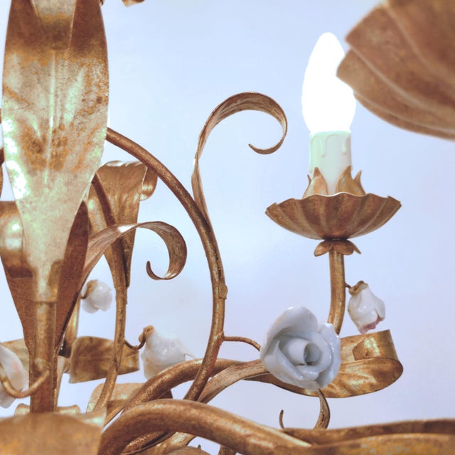 Vintage Hollywood Regency Florentine Five-Arm Metal Chandelier with Porcelain Flowers, 1970s For Sale - Image 18 of 18