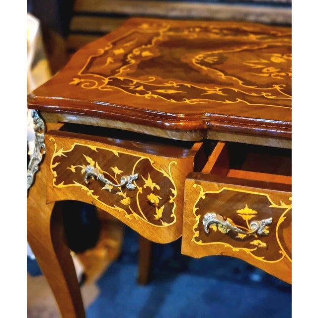 French French Style Writing Desk – Brown Wood Desk With Gold Leaf & Ornate Details For Sale - Image 3 of 3