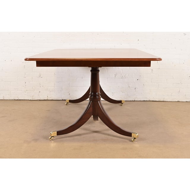 Baker Furniture Style Georgian English Yew Wood and Mahogany Double Pedestal Extension Dining Table, Newly Refinished For Sale - Image 11 of 12