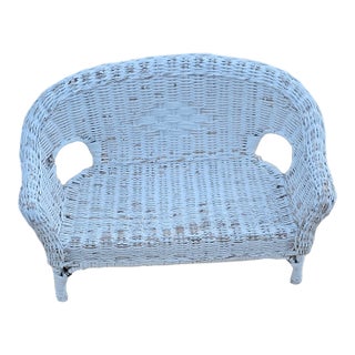 Vintage Shabby Chic White Wicker Doll Settee - Miniature Boho Loveseat For Sale