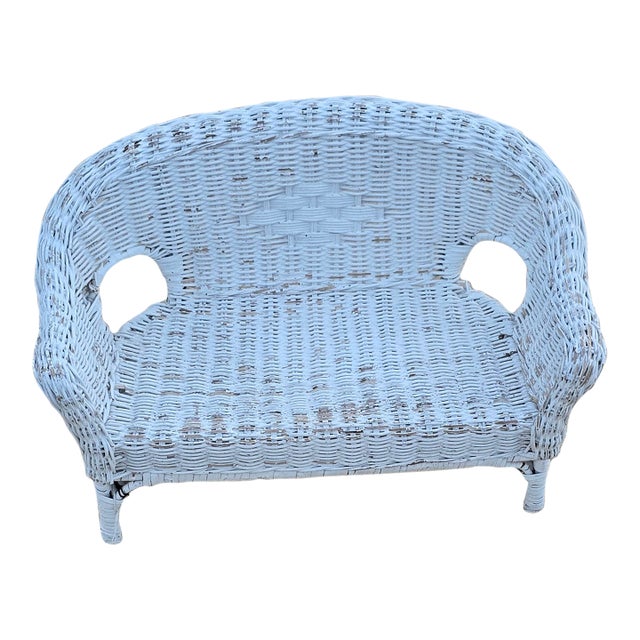 Vintage Shabby Chic White Wicker Doll Settee - Miniature Boho Loveseat For Sale