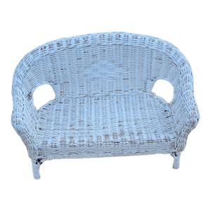 Vintage Shabby Chic White Wicker Doll Settee - Miniature Boho Loveseat
