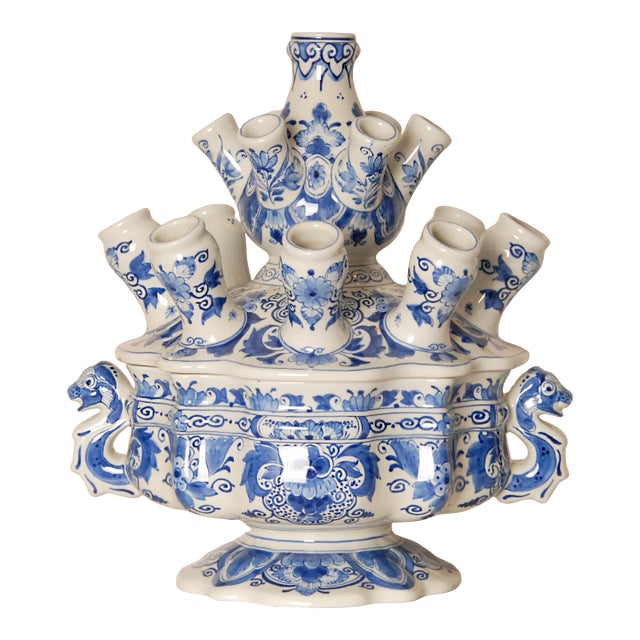 Royal Delft Tulip Vase Tulpiere Blue and White Earthenware Spouted Vase Dragon Handles For Sale
