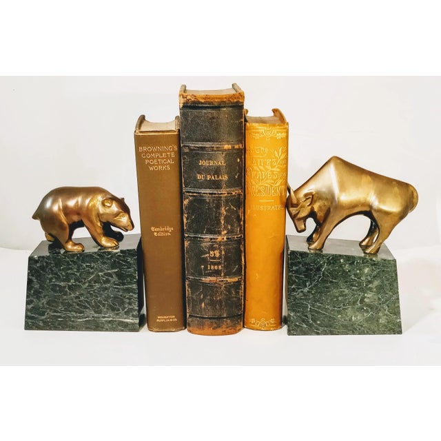 Mid Century Brass Marble Bulls and Bears Stock Market Bookends For Sale - Image 4 of 10