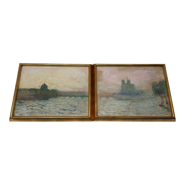 Mid 20th Century Pair of Original Seine River Paintings by Andre Barbier For Sale