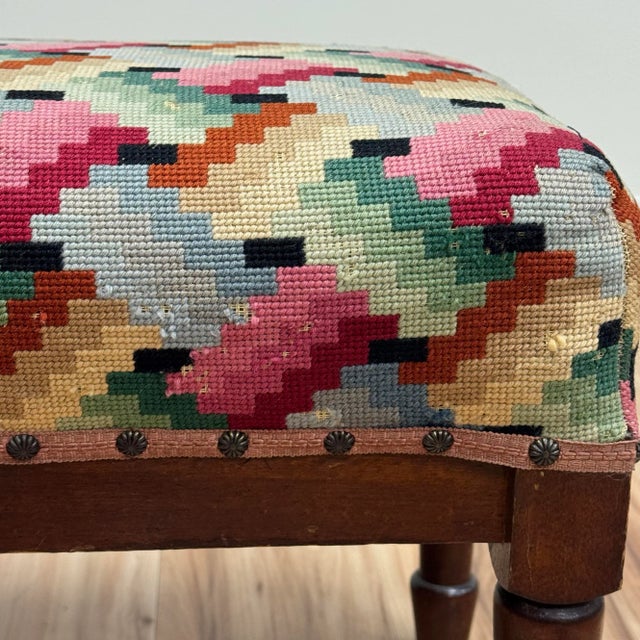 Vintage Colorful Patterned Needlepoint Footstool For Sale - Image 11 of 12