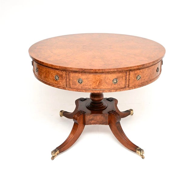 Vintage Regency Style Burr Walnut Drum Table, 1950 For Sale - Image 12 of 12