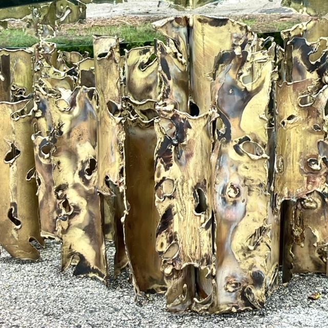 Brutalist 1970s Vintage Brutalist Signed Silas Seandel “Cathedral” Torch Cut Brass Coffee Table For Sale - Image 3 of 9