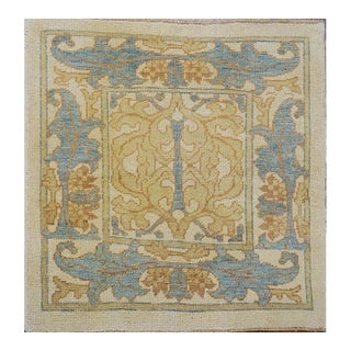 Turkish Donegal Wool Square 4X4 Ivory, Blue & Tan Handmade Area Rug #1140634 For Sale