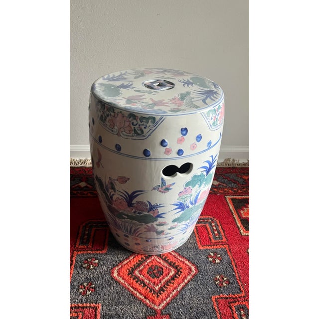 Late 20th Century Garden Stool Chinoiserie Pastel Ceramic Pink Lotus For Sale In West Palm - Image 6 of 10