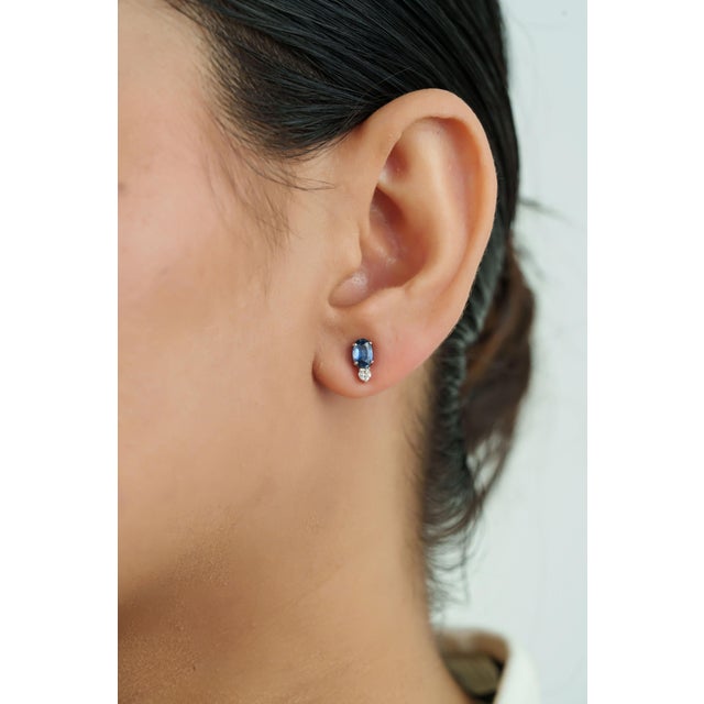 Not Yet Made - Made To Order Classic 1.11 Carat Blue Sapphire & Diamond Stud Earrings in 14k White Gold- A Pair For Sale - Image 5 of 14