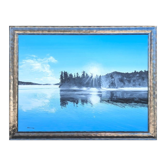 Bruce Herchenrader Contemporary Blue Toned Realistic Forested Lake Landscape Nature Painting, 2010 For Sale - Image 4 of 11
