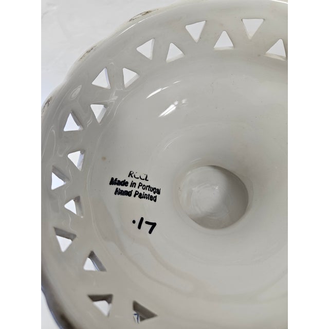 Vintage Blue and White Reticulated Large Portuguese Fruit Compote For Sale - Image 4 of 4