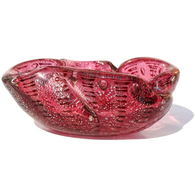 Glass Murano Vintage Pink Silver Flecks Dark Purple Spot Pattern Italian Art Glass Abstract Ashtray Bowl For Sale - Image 7 of 8