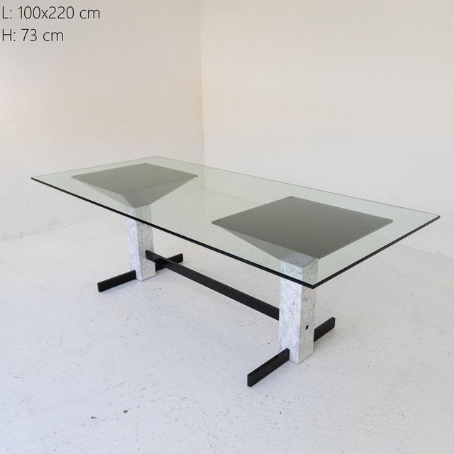 Table with Glass Top and Carrara Marble & Black Painted Metal Base, 1980s For Sale - Image 3 of 10