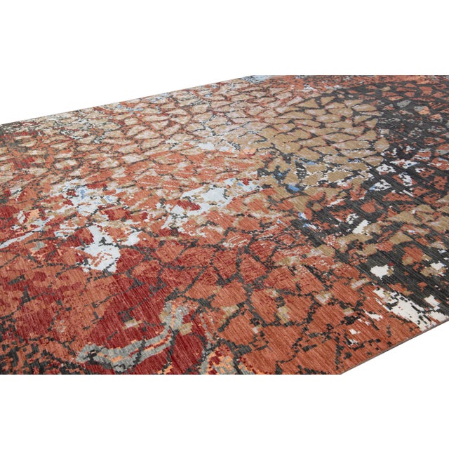 Textile Modern Orange and Gray Handmade Geometric Abstract Wool and Silk Rug For Sale - Image 7 of 10