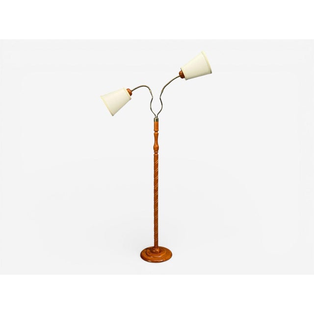 Markslöjd, Swedish Mid-Century Modern, Floor Lamp, Light Wood, Metal, Fabric, Sweden, 1990s A turned wood and metal floor...
