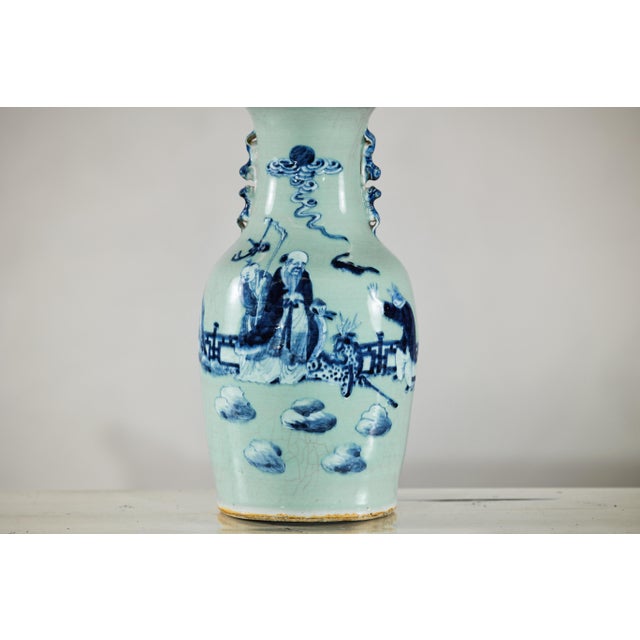 Chinese Blue and White Porcelain Altar Vase With Immortal Figures and Celadon Tint For Sale - Image 18 of 18