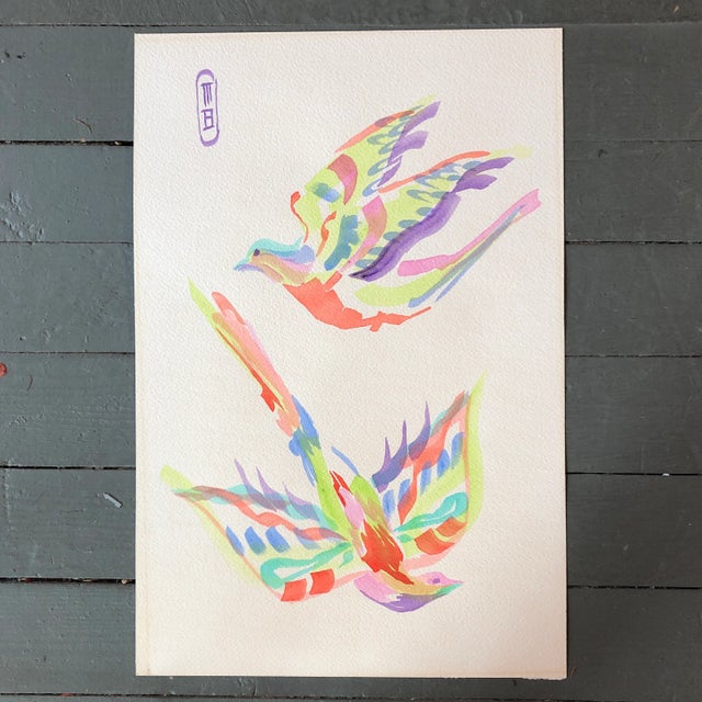 1960s Original 1960’s Pop Dove Watercolor Painting With Monogram For Sale - Image 5 of 5