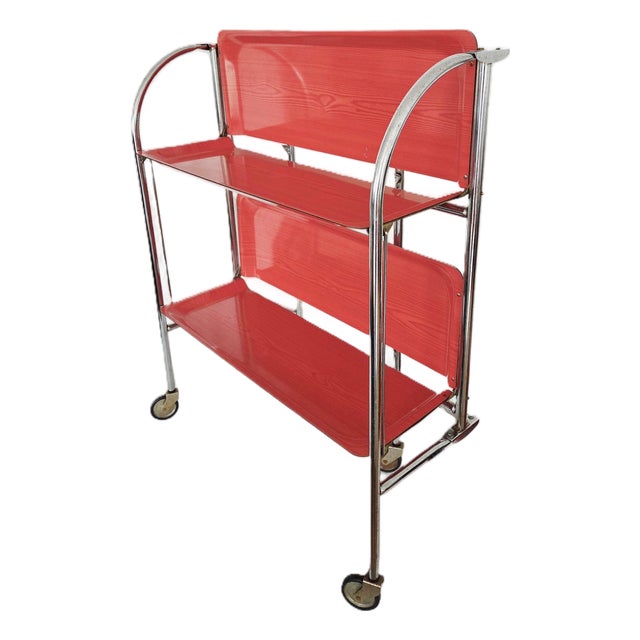 Vintage German Serving Trolley Dinett in Red: MCM Bar Cart 60s Home Decor For Sale
