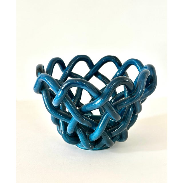 Mid-Century Modern Hand Crafted Cerluean Blue Twisted Pottery Bowl For Sale - Image 3 of 16