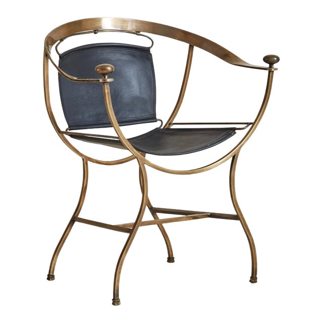 Black Leather + Bronze Pompeii Armchair by Alberto Orlandi, Italy 1980s For Sale