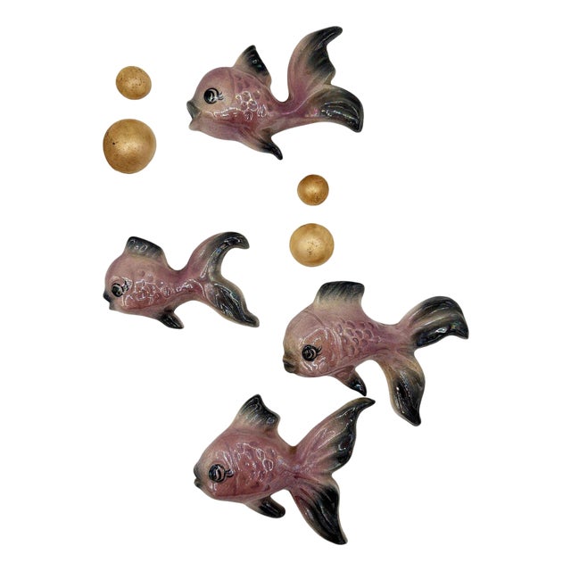 1950s MCM Ceramic Angel Fish With Bubbles 8 Piece Wall Sculpture Set by Ceramicraft For Sale