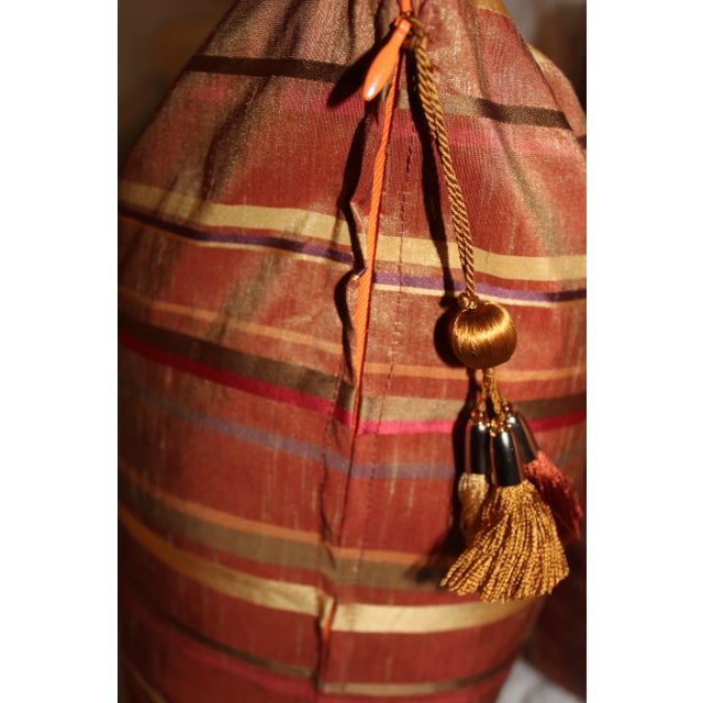 Pair Golden/Copper Striped Taffeta Pillows With Tassels For Sale - Image 4 of 5