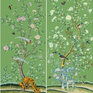 24" *48"/Panel , a Set of 2 Panels Emerald Green Chinoiserie Floral Printed Panels For Sale
