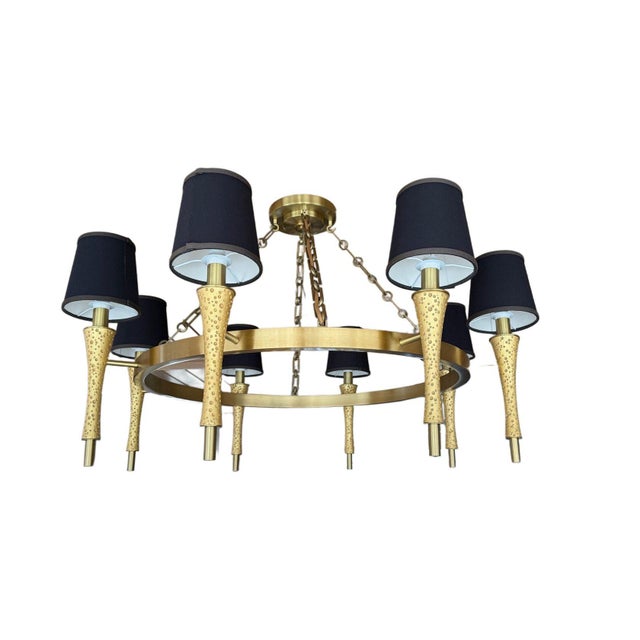 Prosecco Chandelier in Satin Brass with Black Shades by Jamie Drake for Boyd Lighting For Sale - Image 9 of 9
