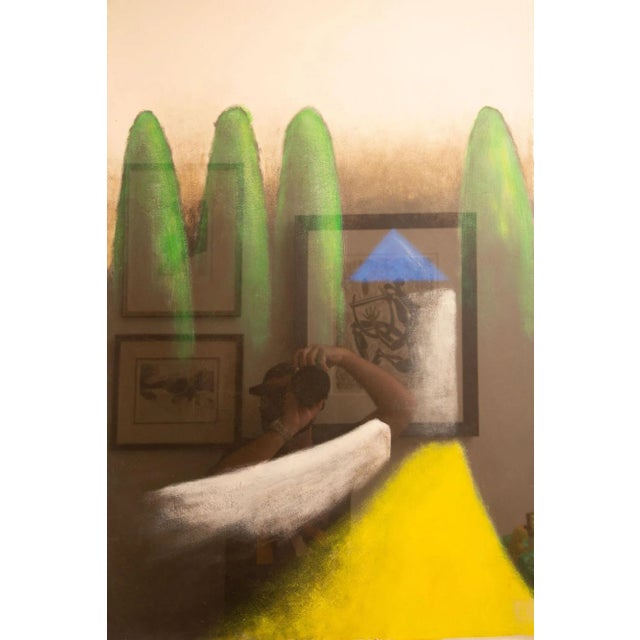 Larry Laslo Vintage Larry Laslo Mixed Media Abstract Landscape Green, Yellow, Gray, Blue Painting on Paper Custom Framed Signed For Sale - Image 4 of 10