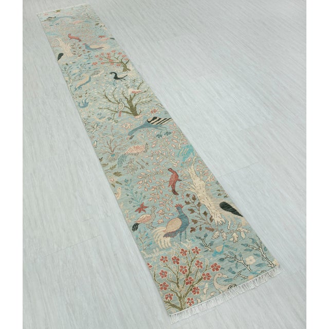 2.6x15ft. Light Blue Peacock Bird Garden Hand Knotted Wool Rug For Sale - Image 10 of 18