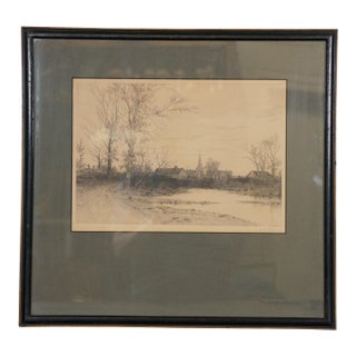 Early 20th Century Antique Gh Randall Signed Quiet Country Village Church Landscape Etching 20", Framed For Sale