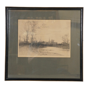 Early 20th Century Antique Gh Randall Signed Quiet Country Village Church Landscape Etching 20", Framed