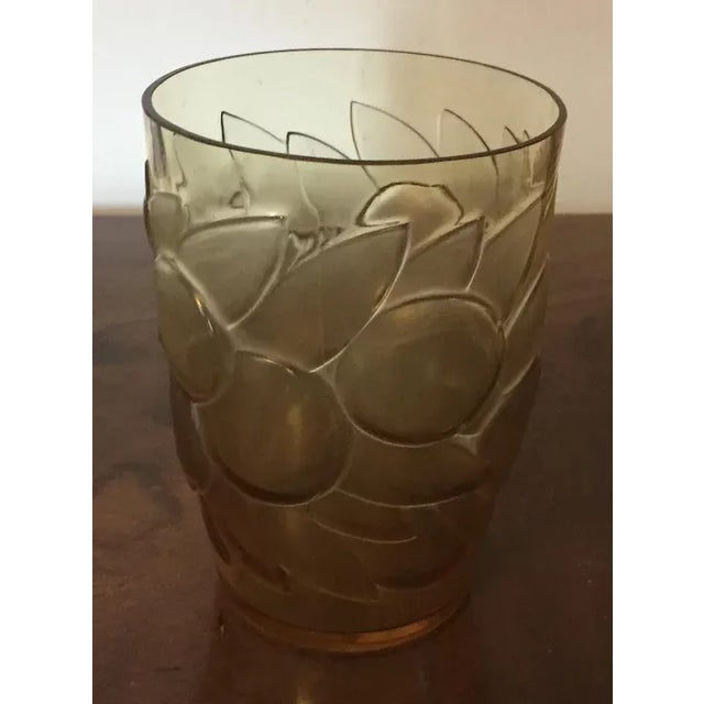 Brown 1930 Art Deco Rene Lalique Amber Tumbler Glass Vase Blidah Pattern Fruit and Leaves For Sale - Image 8 of 11