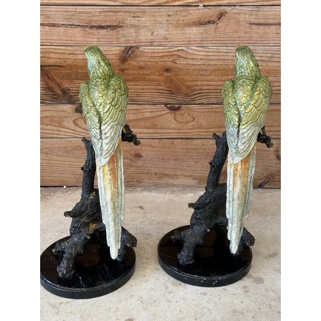 Metal Late 20th Century Coastal Tropical Bronze Hand Painted Parrot Statues on Marble Bases-Pair For Sale - Image 7 of 12