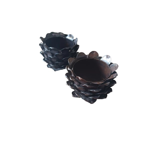 Vintage pair of bronze artichoke vases or planters. Vases are very heavy