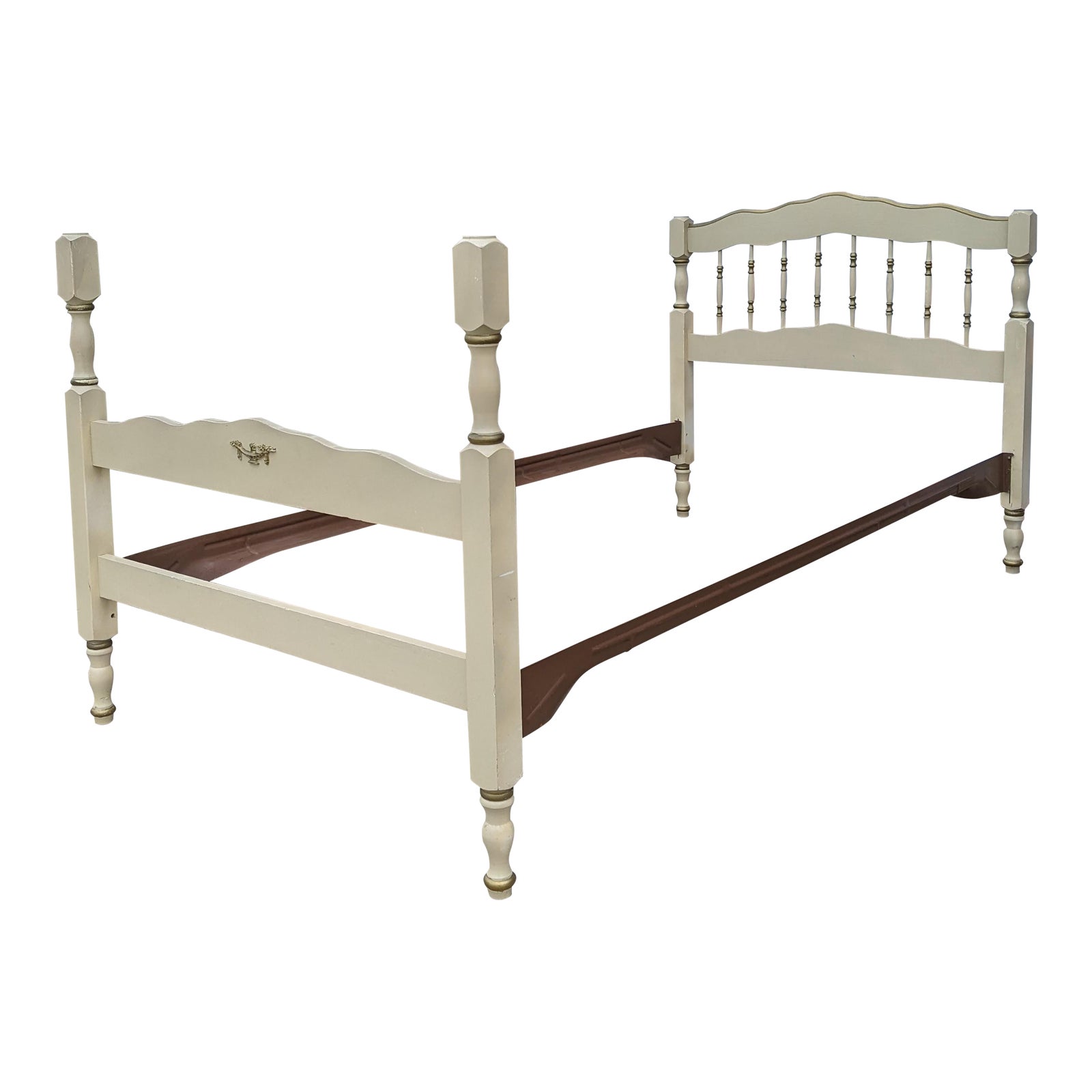 Vintage White and Gold French Provincial Twin Bed With Spindle Detailed