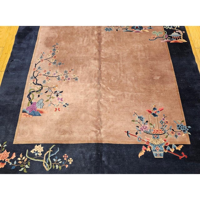 Vintage Hand-Knotted Chinese Art Deco Rug, Wool Pagoda Floral Motif, 9' x 12' For Sale - Image 11 of 17