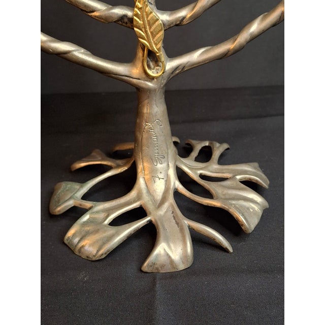 VTG Fred Spinowitz Tree of Life Menorah Signed Judaica Silver Tone Brass Leaves For Sale - Image 11 of 18