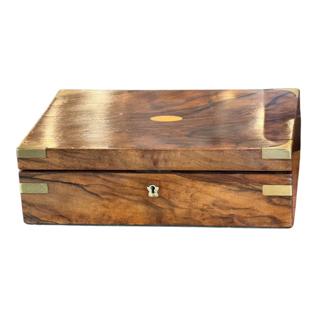 19th Century Small Veneered Box With Brass Corner Mounts For Sale