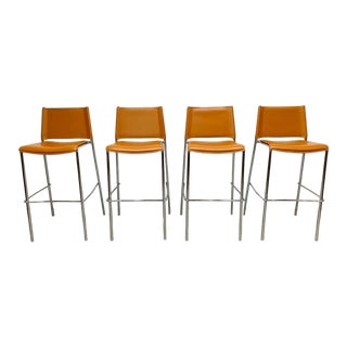 Contemporary Italian Modern Chrome Frame Cognac Barstools - Set of 4 For Sale