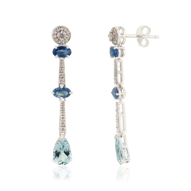 Modern 1.02ct Sapphire Aquamarine Diamond Linear Drop Earrings in 14k Gold- A Pair For Sale - Image 4 of 13
