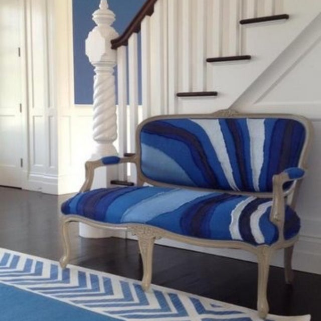 2010s Authenticated Anthropologie Louisa Settee Vintage Blue Patchwork Upholstered Bench With Louis XV Frame For Sale - Image 5 of 6