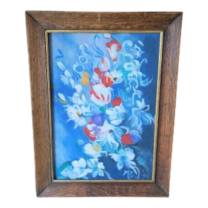 1990s Blue Flowers Framed Oil Painting on Board Signed Dated