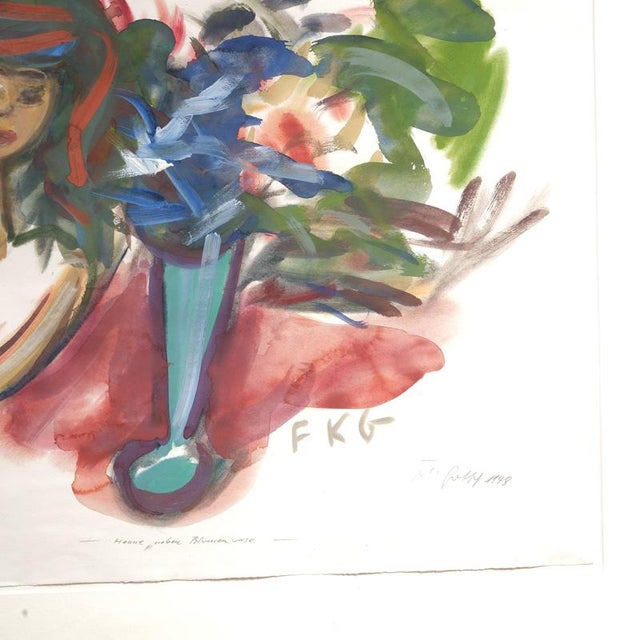 1940s Friedrich Karl Gotsch, Hanne Next to a Vase of Flowers, Watercolor For Sale - Image 5 of 7