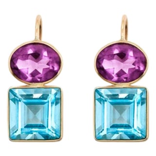 Topaz and Amethyst Gold, Silver Earrings, A Pair For Sale