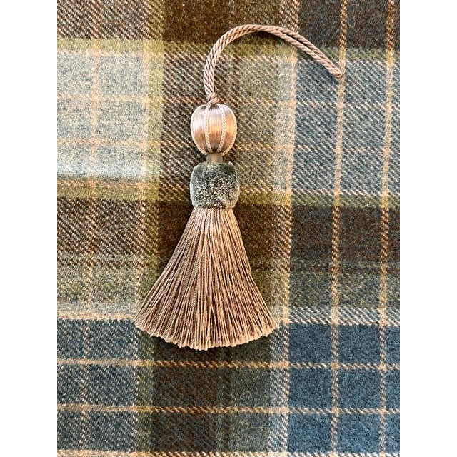 Aqua and Taupe Satin Beaded Key Tassel With Cut Velvet Detail For Sale - Image 16 of 17