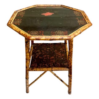 Antique Scorched Bamboo Chinoiserie Side Table With Hand-Painted Lacquer Top, Early 20th Century For Sale