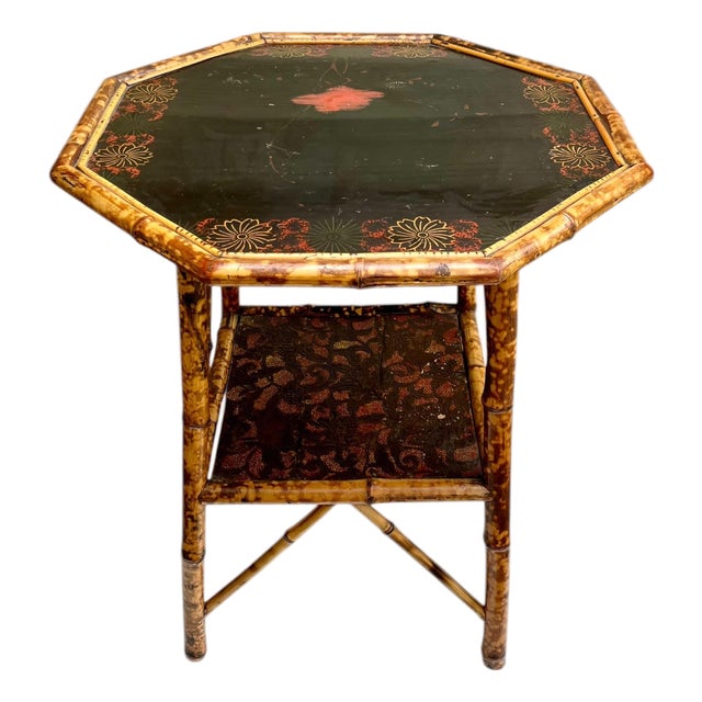 Antique Scorched Bamboo Chinoiserie Side Table With Hand-Painted Lacquer Top, Early 20th Century For Sale